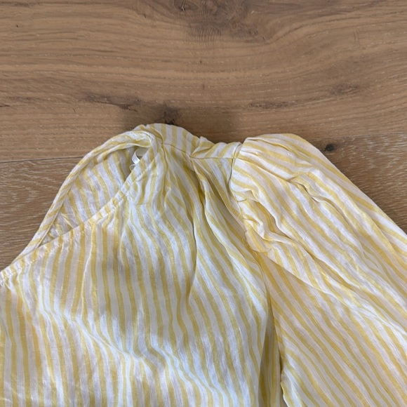 Frame Denim Linen One Shoulder Long Puff Sleeve Yellow Striped Blouse Top XS - Picture 6 of 11